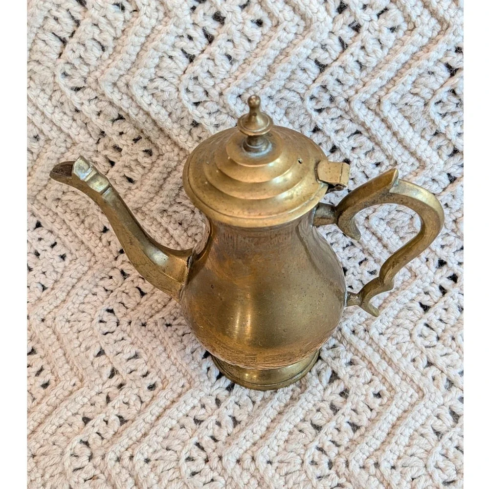 Vintage Solid Brass Teapot Coffee Pot Made in India Ornate Hinged Lid 7.5 Inch